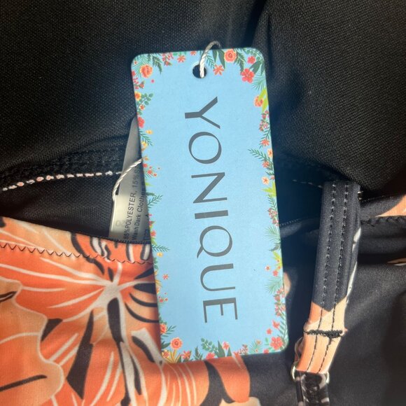 Yonique One-Piece Swimsuit Adjustable Straps Floral Black Coral Size XS New - Picture 7 of 8